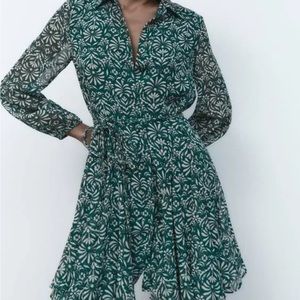 Zara - Printed Dress - Ecru / Green - size small